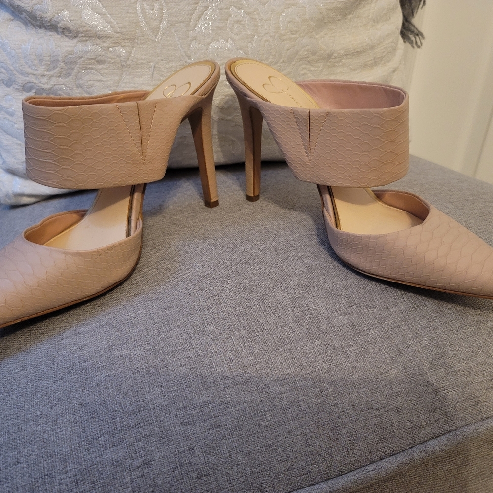 Jessica Simpson Taupe Pointed Toe Mules with Gold Trim - Picture 6 of 6